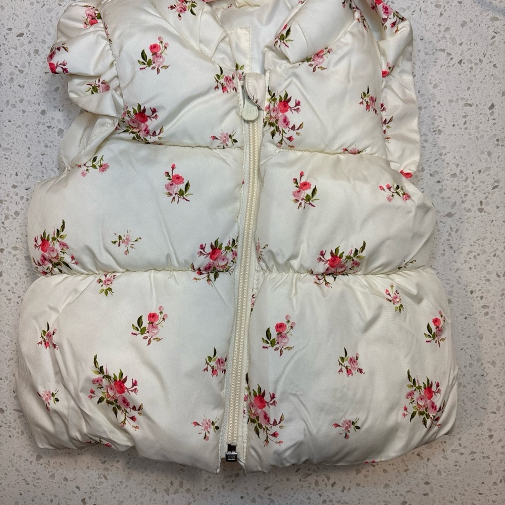 GAP White Puffer Vest with Pink Rose Print